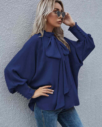 Mock Neck Lantern Sleeve Tie Front Blouse