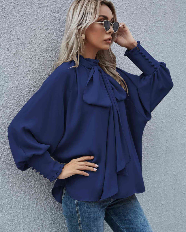 Mock Neck Lantern Sleeve Tie Front Blouse