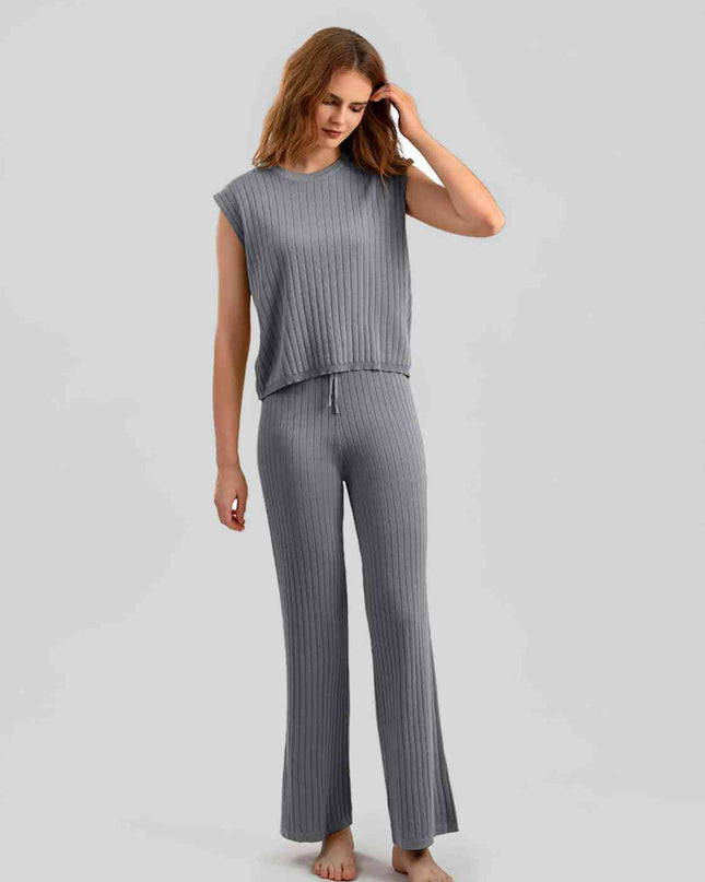 Ribbed Sweater Vest and Drawstring Knit Pants Set