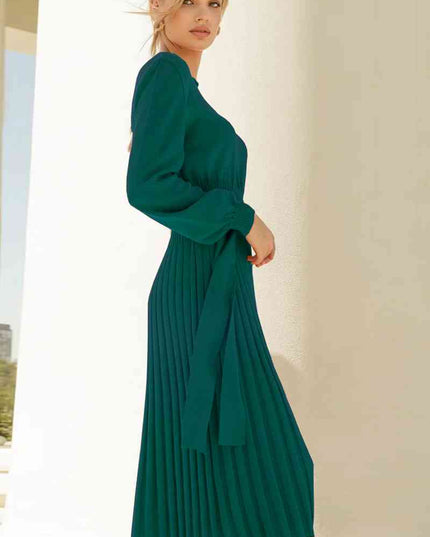 Round Neck Long Sleeve Pleated Sweater Dress