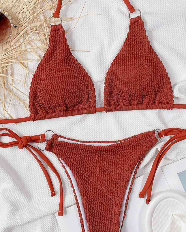 Textured Halter Neck Tie Side Bikini Set