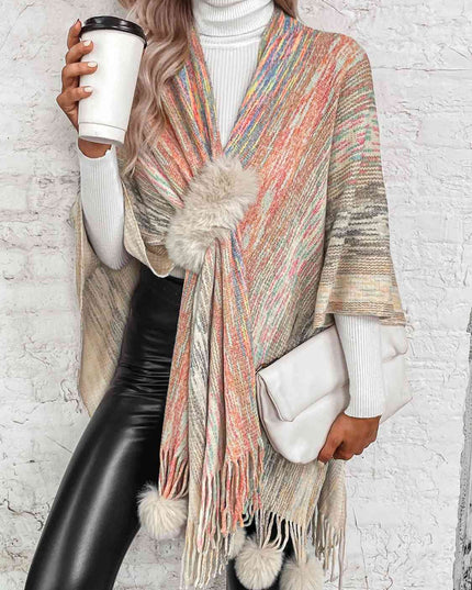 Open Front Poncho with Pom Poms