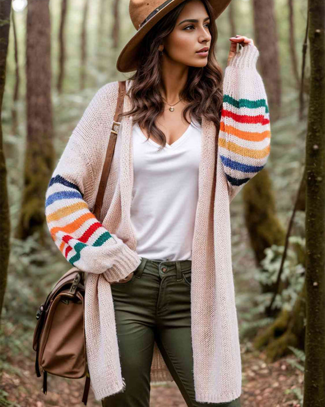 Striped Open Front Long Sleeve Cardigan