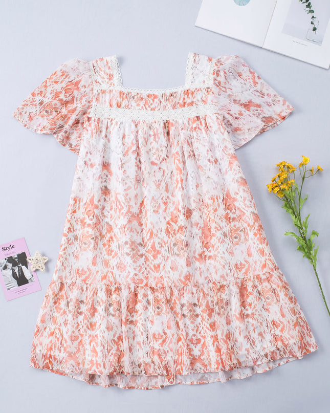 Spliced Lace Buttoned Square Neck Puff Sleeve Mini Dress