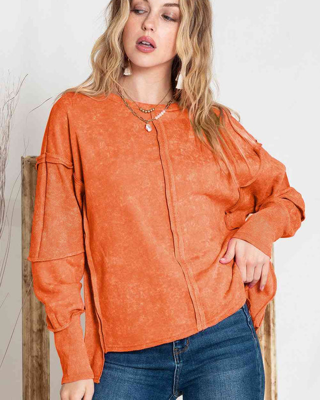 Full Size Exposed Seams Round Neck Dropped Shoulder Sweatshirt