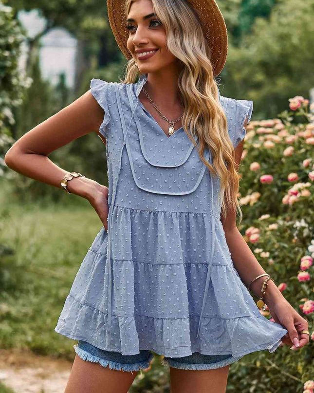 Swiss Dot Ruffle Shoulder Tiered Top