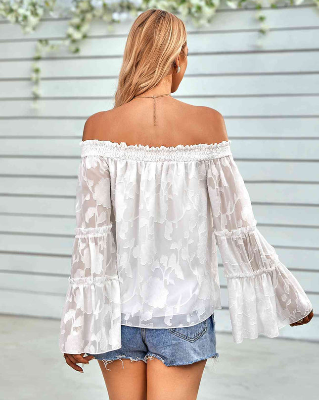 Applique Flounce Sleeve Off-Shoulder Blouse