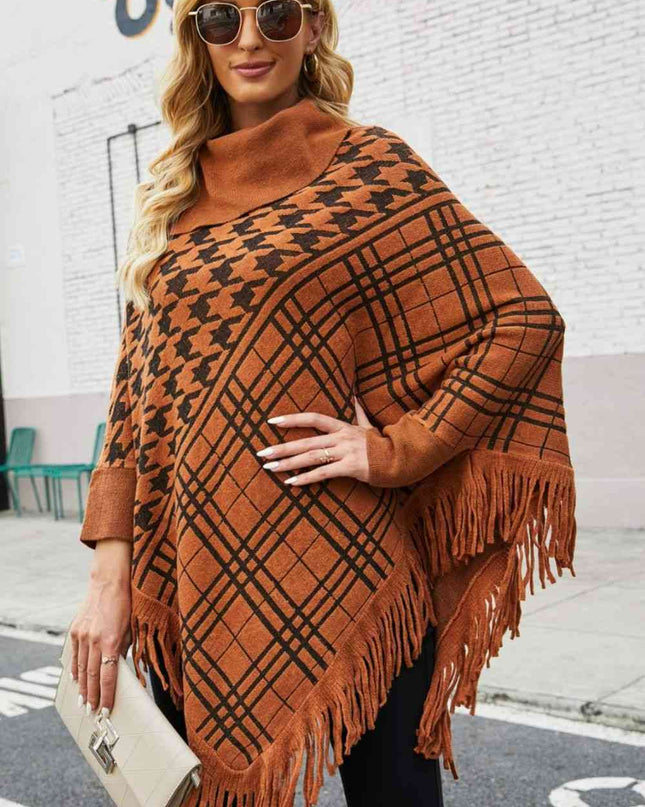 Houndstooth Turtleneck Fringe Hem Poncho