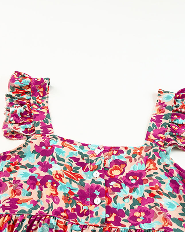 Floral Buttoned Square Neck Ruffled Tank