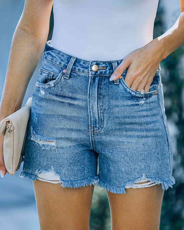 Distressed Raw Hem Denim Shorts with Pockets