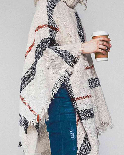 Plaid Turtleneck Raw Hem Poncho