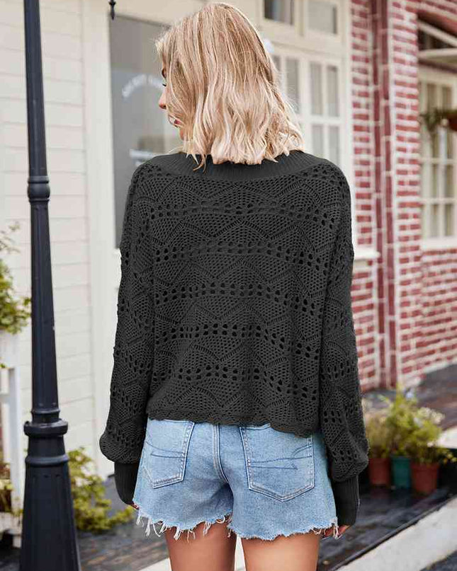 V-Neck Openwork Long Sleeve Sweater