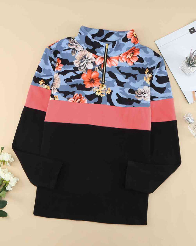 Plus Size Floral Color Block Quarter Zip Top
