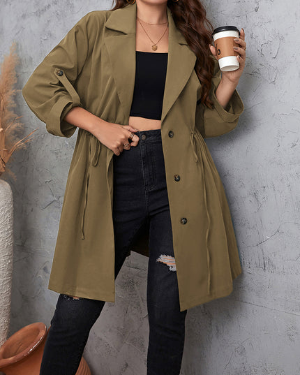 Plus Size Lapel Collar Drawstring Roll-Tab Sleeve Trench Coat