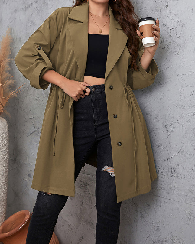Plus Size Lapel Collar Drawstring Roll-Tab Sleeve Trench Coat