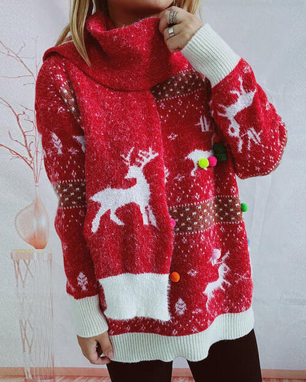 Christmas Element Round Neck Sweater and Scarf Set