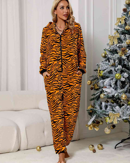 Animal Print  Zip Front Lounge Jumpsuit with Pockets