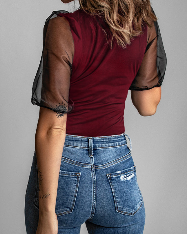 Spliced Mesh Puff Sleeve Blouse
