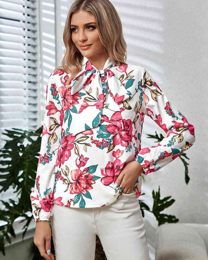 Printed Tie Neck Long Sleeve Blouse