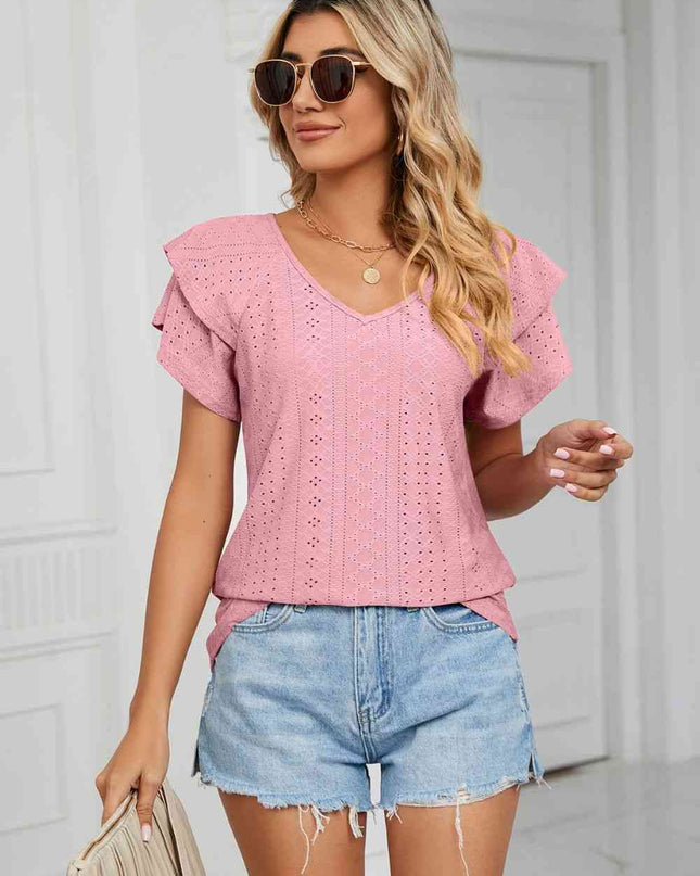 Eyelet Layered Flutter Sleeve V-Neck Knit Top