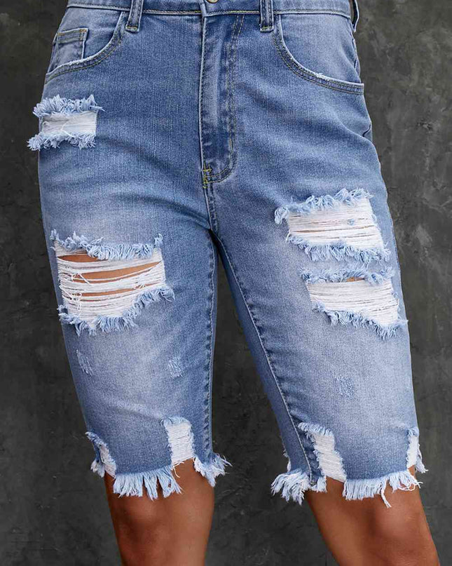 Distressed Frayed Hem Denim Bermuda Shorts