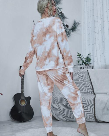 Tie-dye Round Neck Top and Drawstring Pants Lounge Set