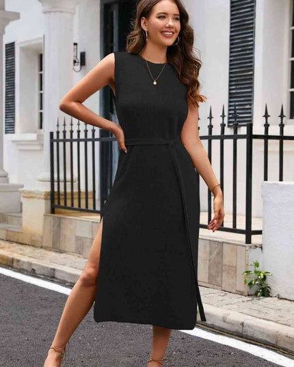 Round Neck Tie Belt Slit Sleeveless Sweater Dress