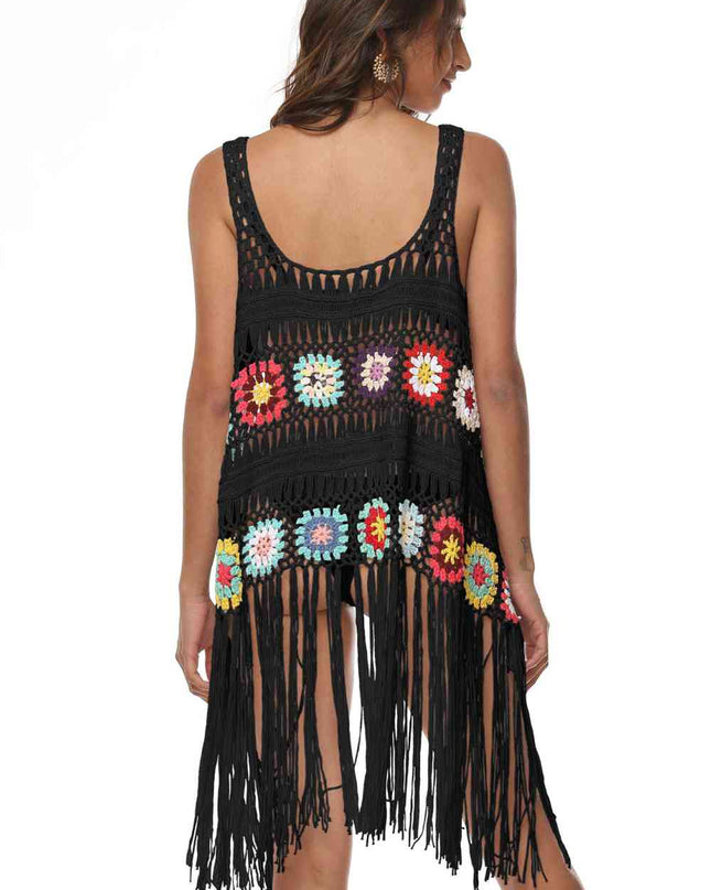 Openwork Fringe Detail Embroidery Sleeveless Cover-Up