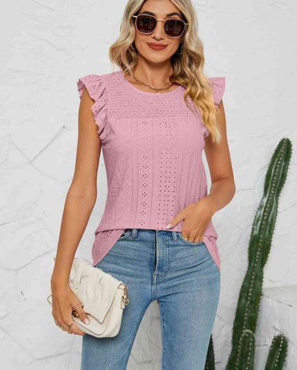 Smocked Round Neck Eyelet Top