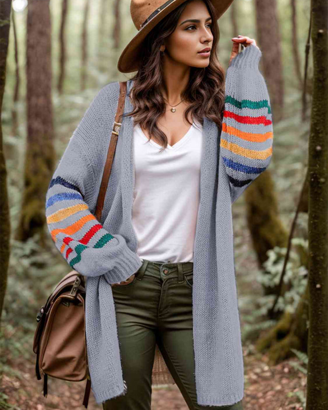 Striped Open Front Long Sleeve Cardigan