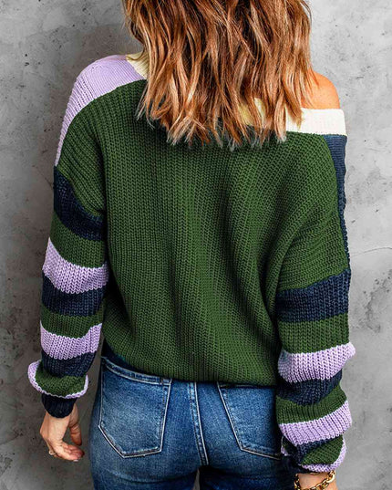 Color Block Rib-Knit V-Neck Cardigan