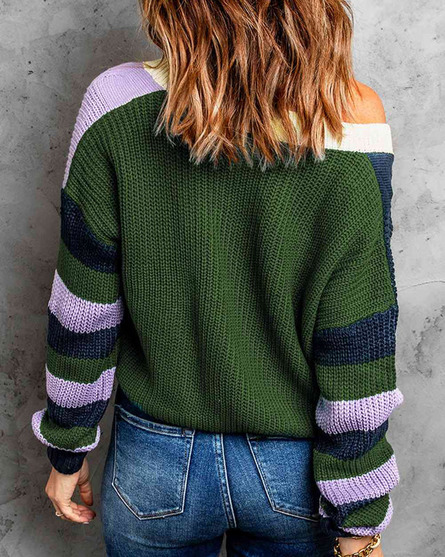 Color Block Rib-Knit V-Neck Cardigan