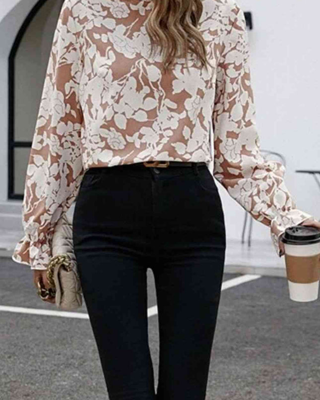 Floral Print Mock Neck Flounce Sleeve Blouse