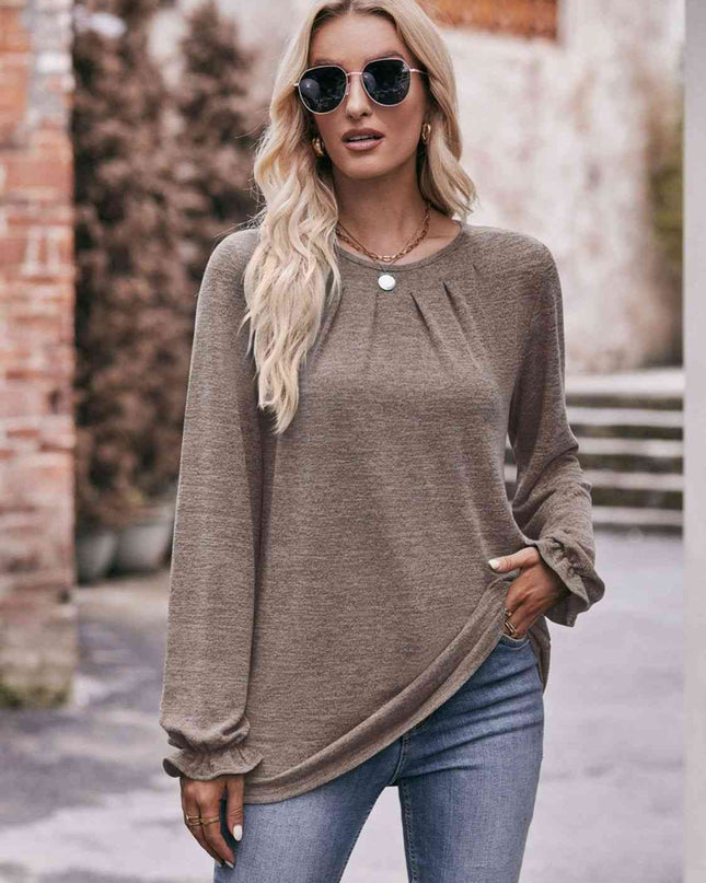 Double Take Long Flounce Sleeve Round Neck Blouse