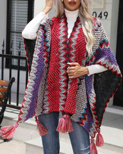 Striped Open Front Poncho with Tassels