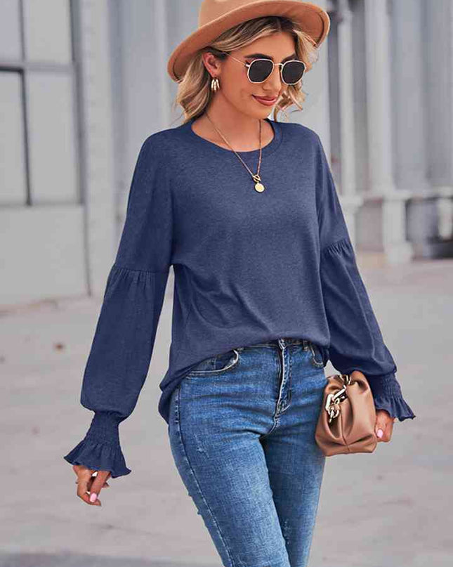 Round Neck Flounce Sleeve Blouse