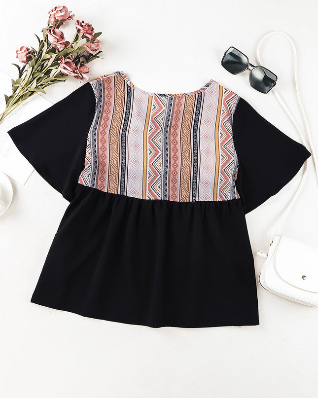Geometric Print Color Block Tied Babydoll Blouse
