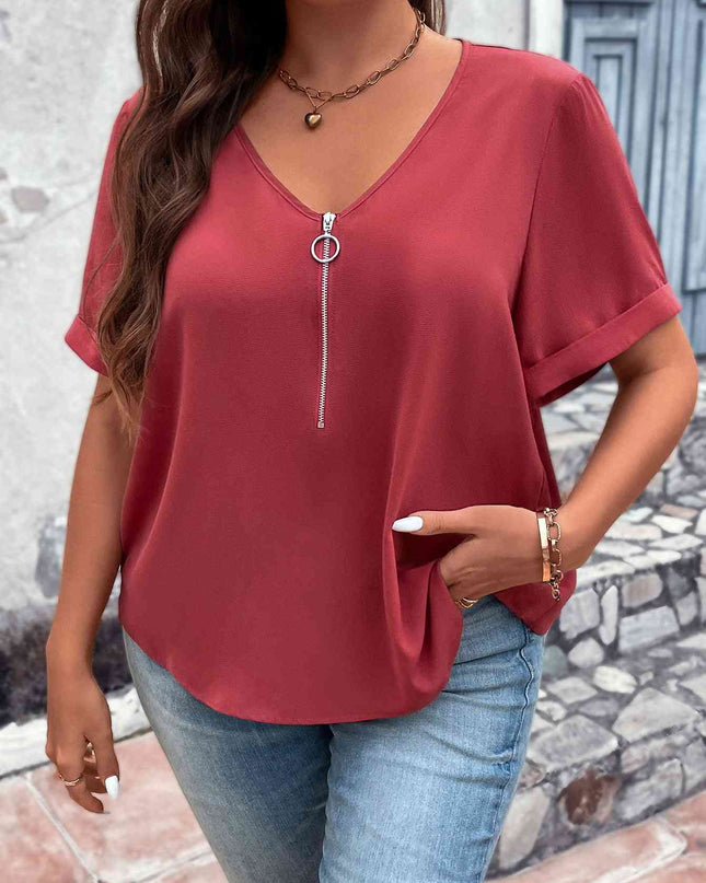 Plus Size V-Neck Short Sleeve Blouse with Zipper