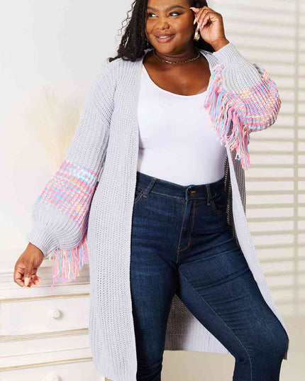 Woven Right Fringe Sleeve Dropped Shoulder Cardigan