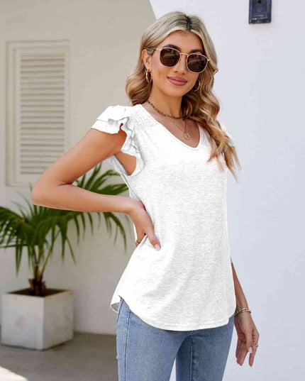Smocked Flutter Sleeve V-Neck Top
