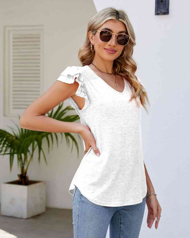 Smocked Flutter Sleeve V-Neck Top