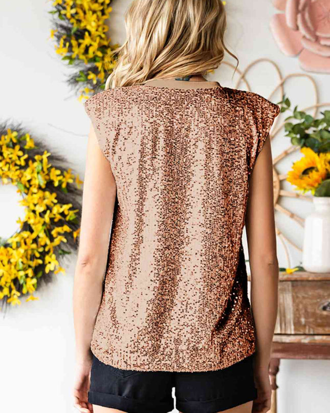 Sequin Round Neck Capped Sleeve Tank