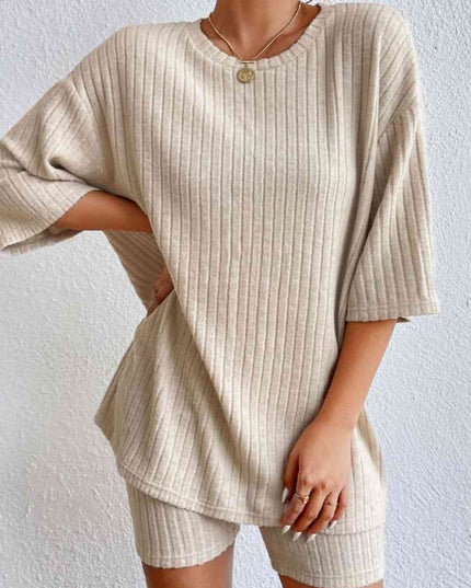 Round Neck Ribbed Top and Shorts Lounge Set