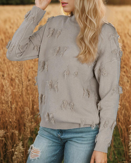 Fringe Detail Long Sleeve Mock Neck Sweater