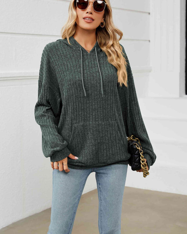 Drawstring Dropped Shoulder Ribbed Hoodie