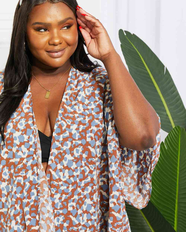 Printed Open Front Three-Quarter Sleeve Cover Up