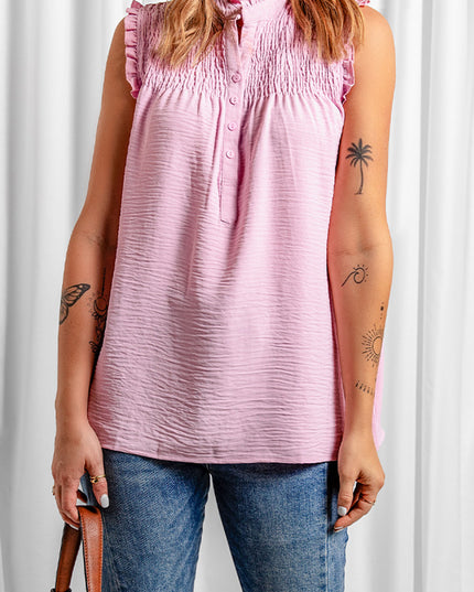 Buttoned Frill Trim Smocked Sleeveless Blouse