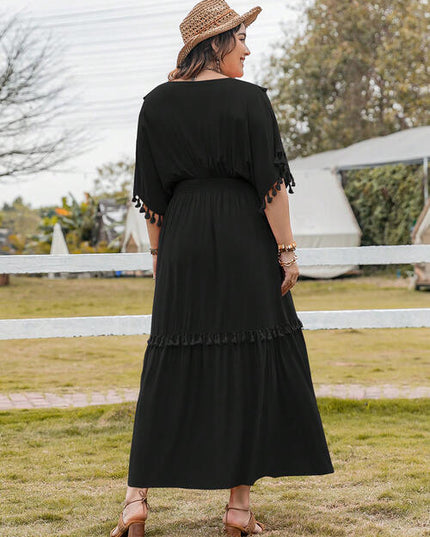 Plus Size Tassel Trim V-Neck Short Sleeve Ruffle Hem Dress