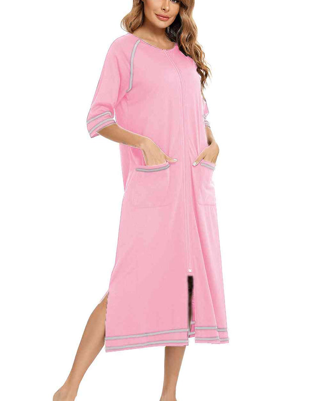 Zip Up Slit Round Neck Night Dress with Pockets