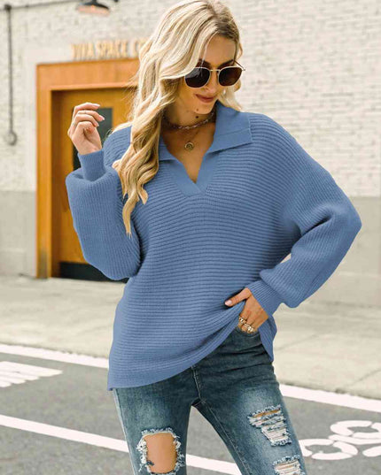 Double Take Horizontal Ribbing Johnny Collar Sweater